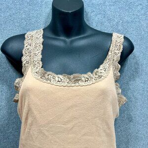 Coquette Lace Ribbed Lounge Y2K Soft Knit Cami Nude Beige Tank Minor Flaws M